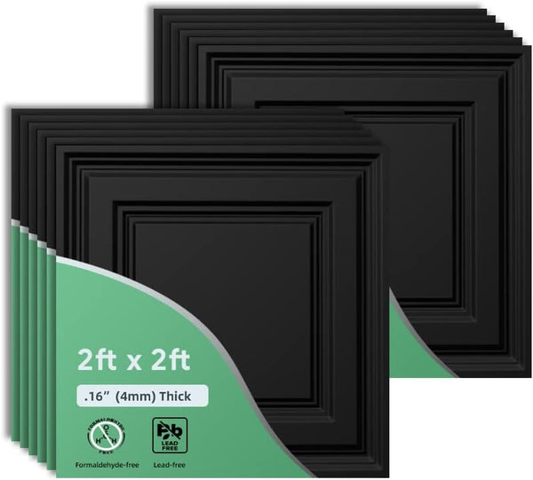 2ft x 2ft Black Icon Relief Ceiling Tiles - Drop Ceiling Tile 24 x 24in – Waterproof, Washable and Fire-Rated - High-Grade PVC to Prevent Breakage-Package of 12 Tiles