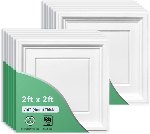 2ft x 2ft White Icon Relief Ceiling Tiles - Drop Ceiling Tile 24 x 24in – Waterproof, Washable and Fire-Rated - High-Grade PVC to Prevent Breakage-Package of 12 Tiles