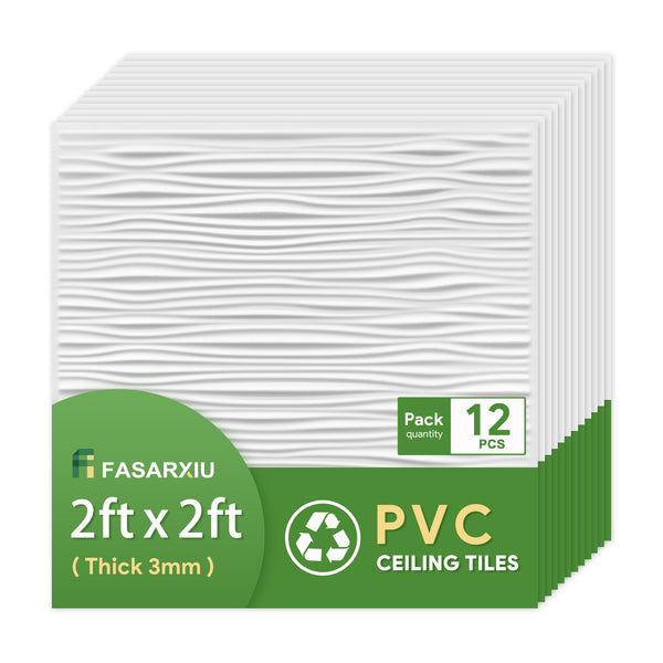 2ft x 2ft White Drifts Ceiling Tiles,High-Grade PVC Ceiling Panel 24in x 24in to Prevent Breakage and Easy Drop-in Installation - Waterproof, Washable and Fire Resistant - Package of 12