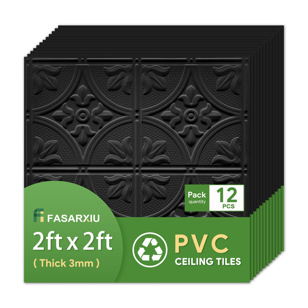 Black Antique Drop Ceiling Tiles 2ft x 2ft, Ceiling Tiles 24 x 24in,Waterproof, Washable and Fire-Rated - Reusable -High-Grade PVC to Prevent Breakage-Package of 12 Tiles