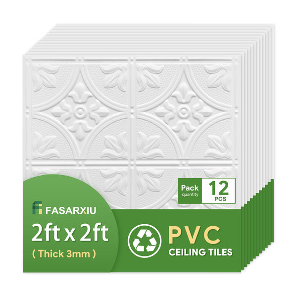 White Antique Drop Ceiling Tiles 2ft x 2ft, Ceiling Tiles 24 x 24in,Waterproof, Washable and Fire-Rated - Reusable -High-Grade PVC to Prevent Breakage-Package of 12 Tiles